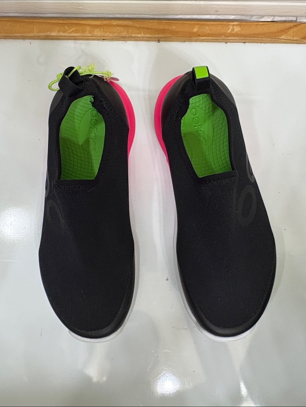 NWT OOFOS Black Slip-On Sneakers with Pink and Lime Accents - Picture 3 of 11